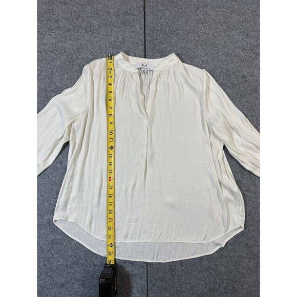 Magaschoni Blouse Top Women Medium Ivory Pleated Split Neck Long Sleeve Pullover - Picture 2 of 7